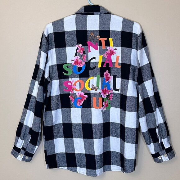 Anti Social Social Club Flannel Plaid Floral Button Down Shirt - Men's Size L - Picture 1 of 14